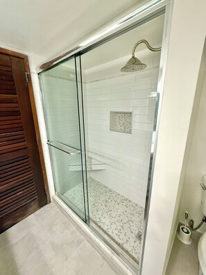 New shower tile, fixtures and shower doors