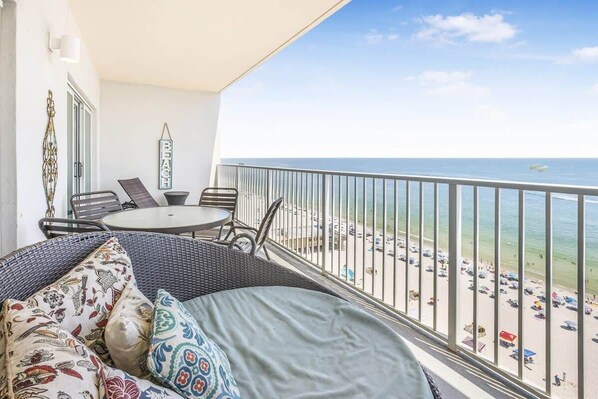 Balcony with lovely beach views and amply seating