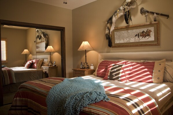 King- size bed with new mattress and flat screen TV.