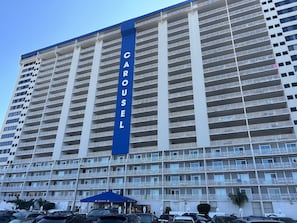 Front of the building, well maintained all around.