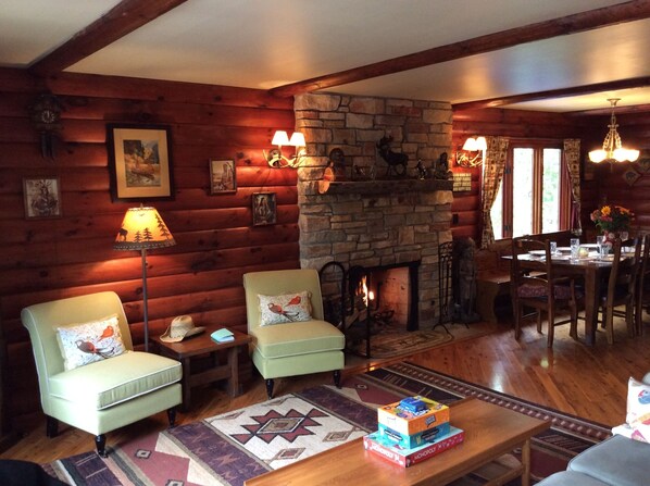 Living Room with wood burning fire place