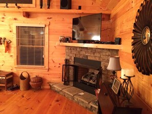Gas log fireplace.