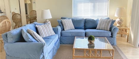 Bright, comfortable living room with queen sleeper sofa.  