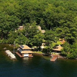 Ariel View of docks, boathouse, cabin and main house (in trees)