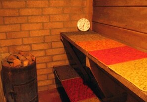 Wood burning sauna...start a fire, let it warm and add water to the rocks