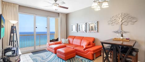 Gulf Front Living + Master Bedroom with modern, comfortable furniture