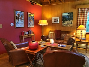 Our cabin is furnished with comfortable leather furniture.