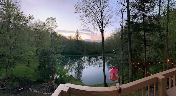 Fishing pond in back yard with views of Beech Mountain. 