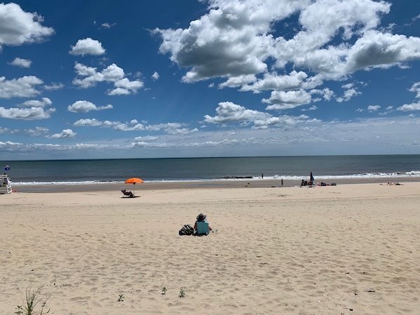 The beach in front of the house just past the dunes.