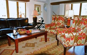 Main Living Room with Designer Ikat Fabric on Wingback Chairs