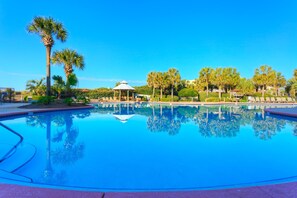 Our 4,500 sq ft lagoon-style pool with ample seating