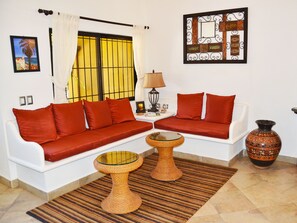 The colorful Den is a comfortable place to relax and play games