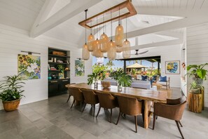 Seating for 10 with additional seating outside and at the kitchen island