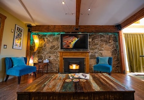 Living room with flatscreen TV and surround sound and pellet stove fireplace
