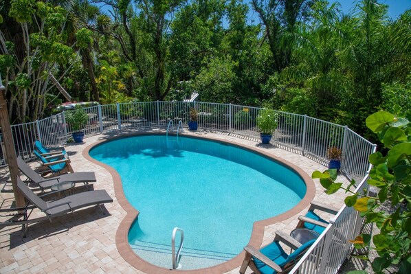 Heated Pool with southern exposure and shaded area under deck