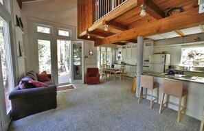 Living room, dining area and kitchen.