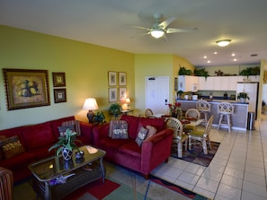 Living, dining room and kitchen area