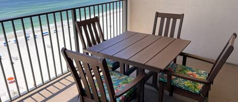 Comfortable dining and relaxing on the balcony on new Polywood set