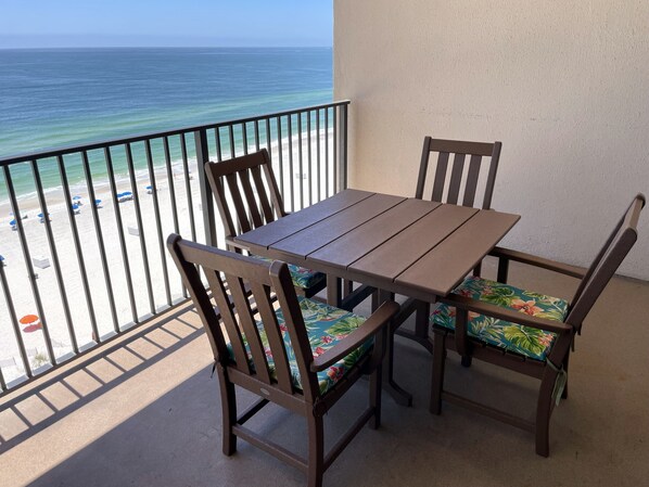 Comfortable dining and relaxing on the balcony on new Polywood set