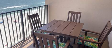 Comfortable seating on the balcony, new Polywood table and chairs. 