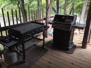 Grilling Area. Flat griddle, gas grill & electric smoker.