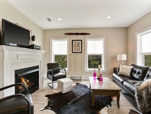 Sitting area/den with gas fireplace and queen sleeper sofa, also privacy curtain