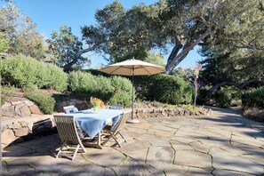 The spacious private patio is a great for outdoor dining. It includes a gas bbq.