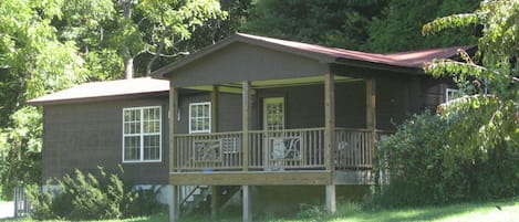 Chestnut Mountain Cabin tucked into the tree line with the mountain behind