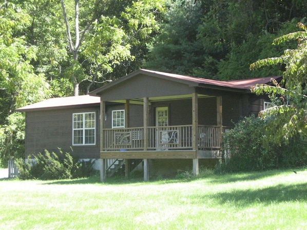 Chestnut Mountain Cabin tucked into the tree line with the mountain behind