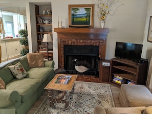 Den area with Roku smart TV and working fire place.