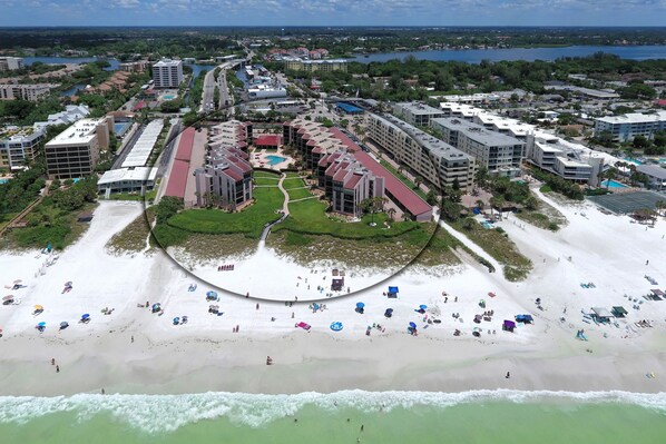 Aerial view of Siesta Breakers Condo at Crescent Beach on Siesta Key