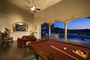 Game & Entertainment Room w/ 20' Glass Wall, open to Pool, Sunny Southward view