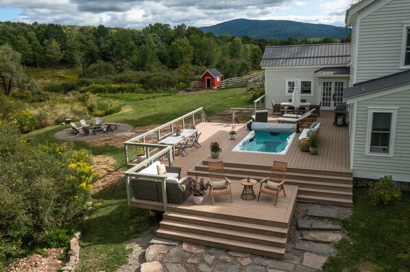 Mountain view, deck and year-round swim spa. 