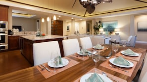 Dining for eight in the open concept living and dining room