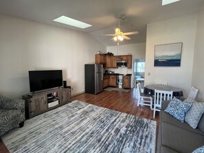 The kitchen and dining area from the living room