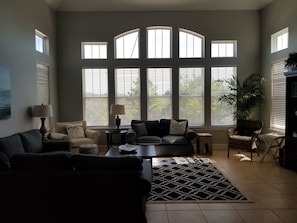 Huge living room has a private view of the lush growth in the wildlife preserve.