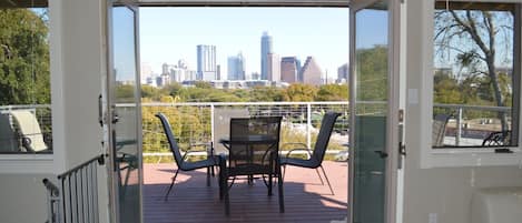 Set up high on a bluff, terrace view of downtown skyline.