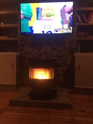 Cozy pellet stove. make sure your kids don't touch it. It keeps the house warm. 