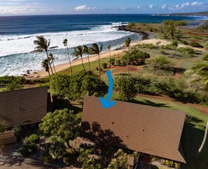 Aerial shot of our Cottage and the proximity to Kepuhi Beach