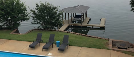 3 chairs to layout!  Good view of new boat dock and fire pit.