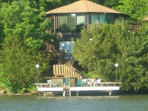 Three levels of decks/martini deck in water middle deck and upper deck with BBQ