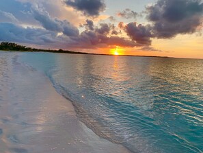 Sunset on the beach in front of the Bahama Beach Club.