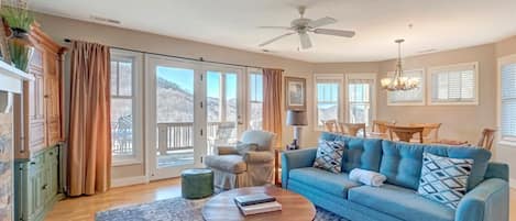 Living Room--- Cozy Fireplace, TV, Mountain View 