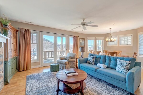 Living Room--- Cozy Fireplace, TV, Mountain View 