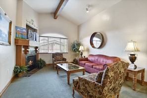 Living room with cozy fireplace