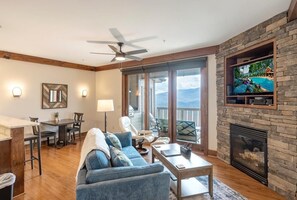 Living Room--- Cozy Fireplace and TV
