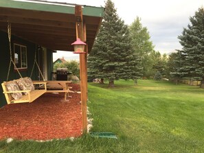 Grill, picnic table, swing, side yard and lots of humingbirds
