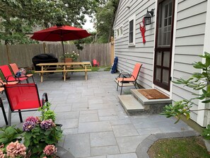 Patio, Grill, Bench with umbrella 