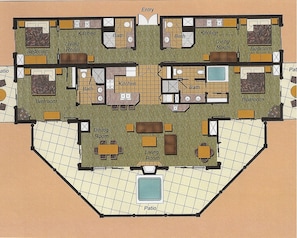3800 floorplan; master bedroom right front, guest on left, two mini-suites rear