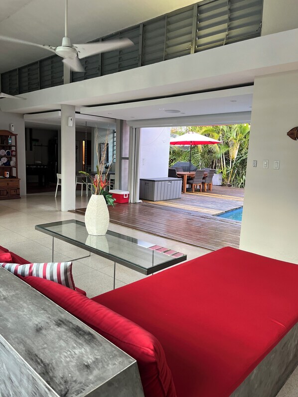 Living room view - open space with rolling doors